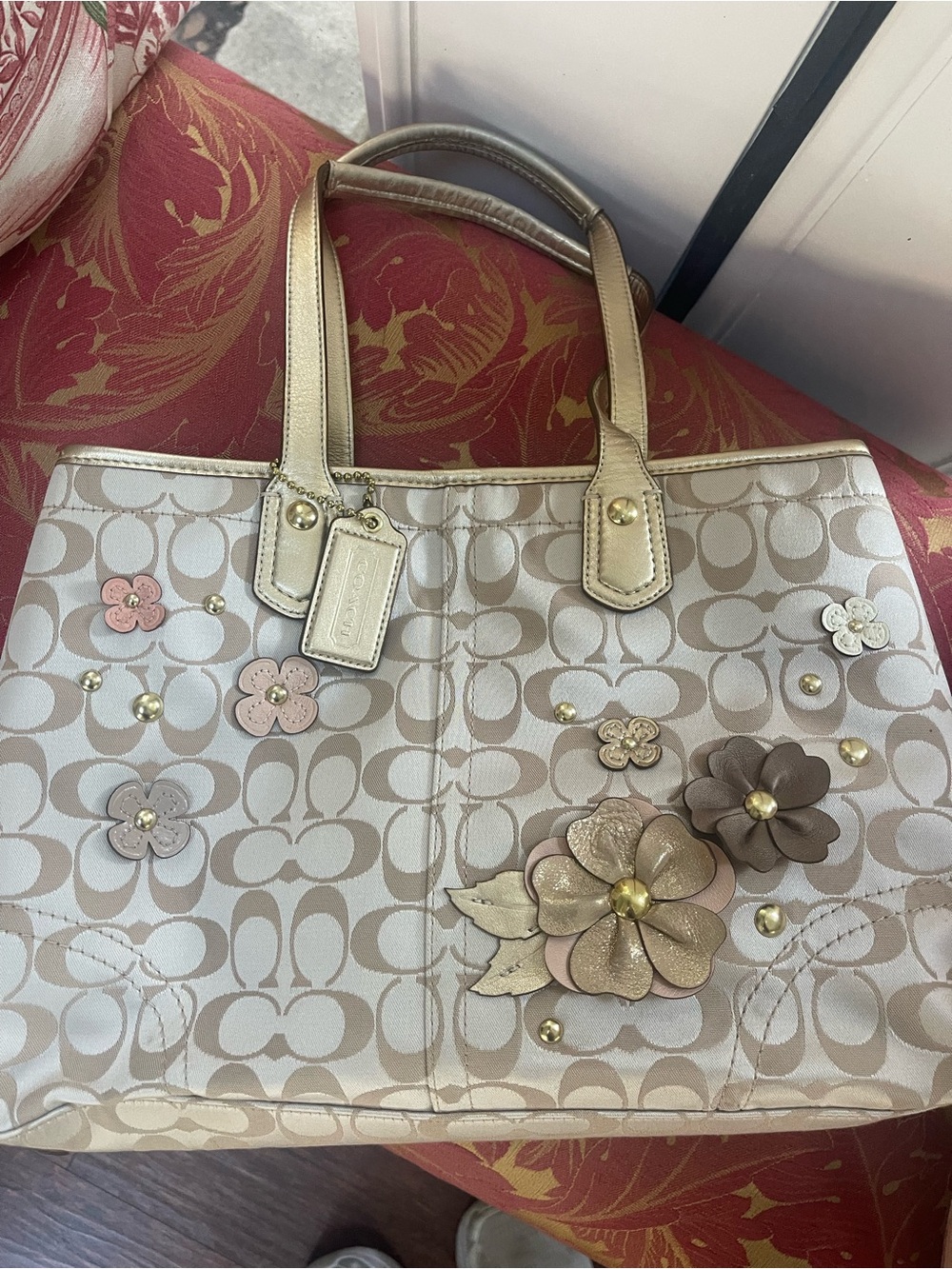 Coach Sateen Floral Appliqué Tote Champagne Gold